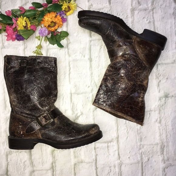 Frye Shoes - Frye Veronica Distressed Leather Slouch Moto Boots